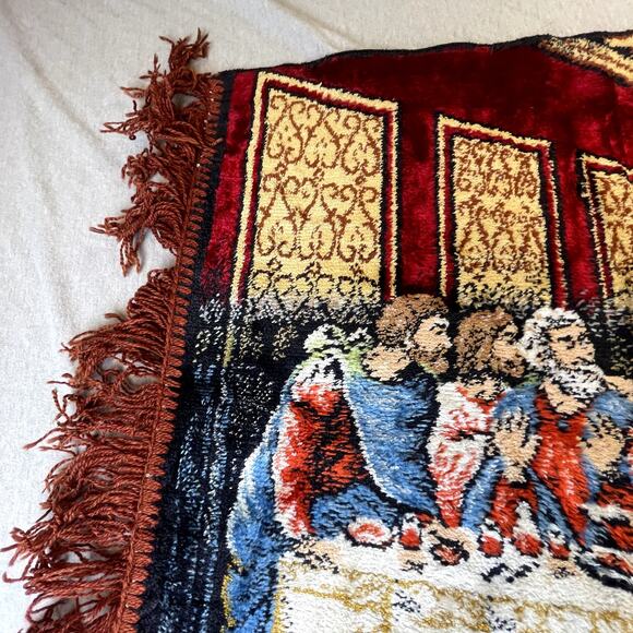 Vintage P&C Italian Tapestry The Last Supper 1970s Red Fringe 40 x 20 - Picture 6 of 11